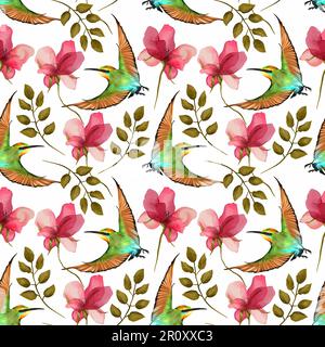 Nahtloses Muster mit wässrigen Blumen, Blättern und einem Vogel isoliert auf weißem Hintergrund. Abdeckungsdesign, Textilien, Verpackungspapier, Kleidung. Stockfoto