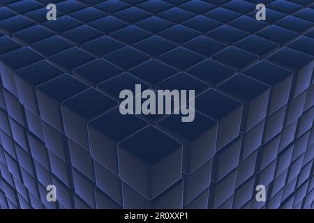 Ein Stapel marineblauer Würfel mit leuchtenden Neonkanten. Illustration als Designelement für Hintergründe von Webdesign und Präsentationen für Diashows Stockfoto