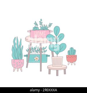 Cartoon-Kaktus, Heimpflanzen im Blumentopf-Vektorbild. Hygge Wohndeko, Tisch, städtischer Dschungel, Zimmerpflanzen, für Aufkleber, Karte, Geschichte, Banner. Stock Vektor