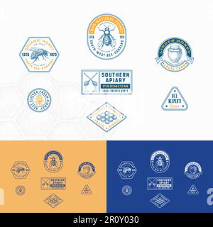 Kollektion mit Emblemen und Logo-Vorlagen im Retro-Stil für Bee Honey Farm. Handgezeichnete Bienenzucht Apiary Honeycomb Bienenstock-Illustrationen mit Retro-Typographie Stock Vektor