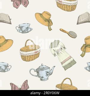 Elemente im Cottagecore-Stil mit nahtlosem Vektormuster. Handgezeichnete Bunte Vektorabbildungen Hintergrund. Freizeitangebote auf dem Land und Picknick Doodle Goods Stock Vektor