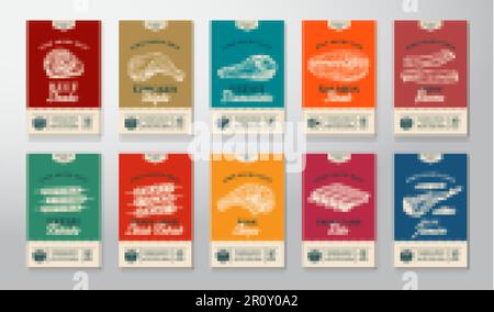 Design-Set für abstrakte Vektoretiketten für Fleisch, Fisch, Geflügel und Kebabs. Banner Für Moderne Typografie, Handgezeichnete Lebensmittelabbildungen. Farbpapier Stock Vektor