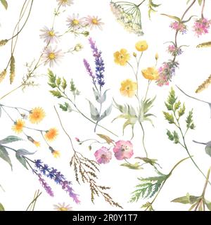 Blumenmuster in Aquarellfarben mit Blumen isoliert auf weißem Hintergrund. Sommerwiese. Zarter Textildruck in Aquarellfarben. Stockfoto