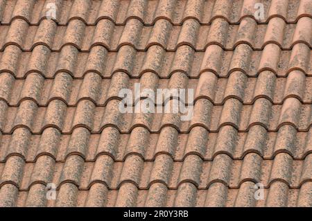 Nahaufnahme eines roten Terrakottadachs mit etwas Schimmel drauf Stockfoto