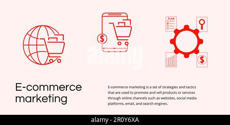 E-Commerce-Marketing-Banner mit hellem Hintergrund. Elegantes E-Commerce-Banner mit schwarzem Text und roten Symbolen für Unternehmen und Marketing Stock Vektor