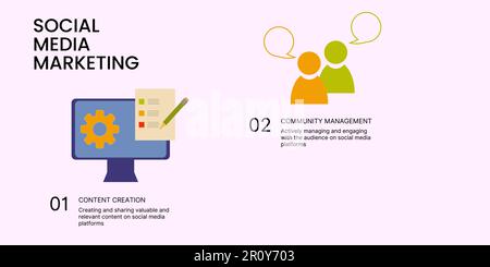 Social-Media-Marketing-Banner mit hellem Hintergrund. Elegantes SMM-Banner mit schwarzem Text und farbigen Symbolen für Unternehmen und Marketing Stock Vektor