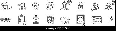 Satz von Zahngesundheitssymbolen. Zahnheilkunde, kieferorthopädische Behandlung und tägliche Betreuung. Pixelgenaue, bearbeitbare Kontur Stock Vektor