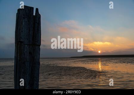 Blick auf den Sonnenaufgang über Deichen und Schlammflächen während der Flut auf der Insel Texel in den Niederlanden mit orangefarbenem Himmel, Reflexion im Wasser Stockfoto