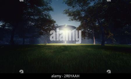 Mann wird von UFO entführt - Alien Entführungskonzept. 3D Rendern Stockfoto