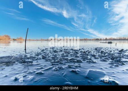 Blick von der Reeuwijkse Plassen in Reeuwijk, Niederlande, auf fast schwarzes Eis und Eishummocks Stockfoto