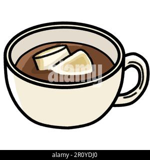 Isolierte heiße Schokolade und verbrannte weiße Marshmallows in einer cremefarbenen Keramiktasse, eine Tasse heißen Kakao, Winterdessertgetränk, flach, Farbvektor, Auto Stockfoto