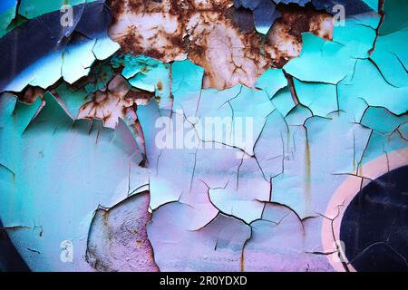 Detail mit abgenutzter Graffiti-Farbe an der alten, rostigen Wand Stockfoto