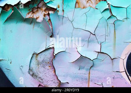 Detail mit abgenutzter Graffiti-Farbe an der alten, rostigen Wand Stockfoto