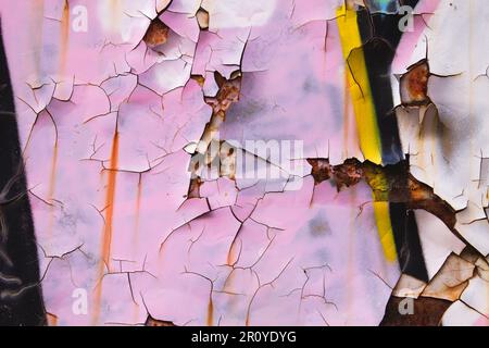 Detail mit abgenutzter Graffiti-Farbe an der alten, rostigen Wand Stockfoto