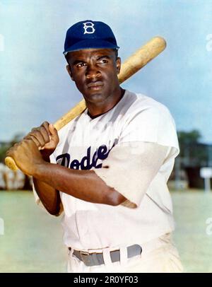Jackie Robinson (1919–1972) in Brooklyn Dodgers Uniform, 1949. Robinson war der erste schwarze Spieler in der Major League Baseball. Stockfoto