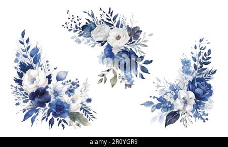 Staubige blaue Rose, echeveria Succulent, weiße Hortensien, Ranunculus, Anemone, Eukalyptus, Wacholdervektordesign Hochzeitssträuße. Saisonale Blumenkarte Stock Vektor