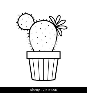 Süßer Kaktus mit Blume im Topf. Zimmerpflanze zur Innendekoration im Kritzelskizzen-Stil. Vektordarstellung isoliert auf weißem Hintergrund. Stock Vektor