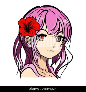 Süßes Anime-Mädchen mit Blumen- und rosa Haarvektorgrafik Stock Vektor