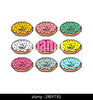 Bildset mit Donut-Pixeln. 8-Bit-Essen Süße. Verpixelte Vektordarstellung Stock Vektor