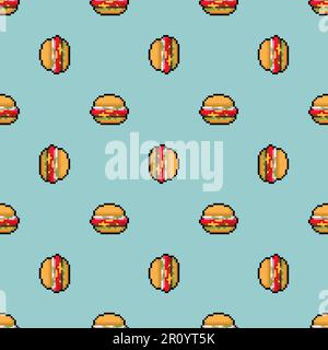 Burger Pixel Art Muster nahtlos. Hamburger mit verpixeltem Hintergrund. Fast Food 8-Bit-Textur Stock Vektor