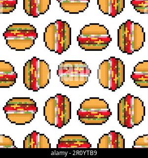 Burger Pixel Art Muster nahtlos. Hamburger mit verpixeltem Hintergrund. Fast Food 8-Bit-Textur Stock Vektor