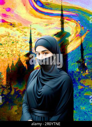 Eine muslimische junge Frau, die ein Niqab trägt, mit religiösen Strukturen im Hintergrund. Turbulenz , ungeklärt,für Webseite, Buchumschlag, Nachrichten, Stockfoto