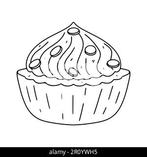 Leckerer Cupcake im handgezeichneten Kritzelstil. Vektordarstellung auf weiß isoliert. Ausmalseite Stock Vektor