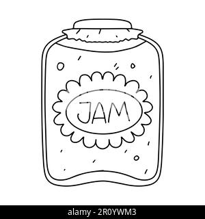 Glasbecher mit Marmelade in handgezeichneter Kritzelform. Vektordarstellung auf weiß isoliert. Ausmalseite Stock Vektor