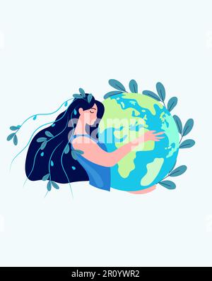 Menschliche Hände umarmen die Erde mit Sorgfalt, verkörpern die Go-Green-Philosophie, fördern das Umweltbewusstsein und den Schutz von Ökosystemen. Weltwassertag und Erdtag. Vektor. Stock Vektor