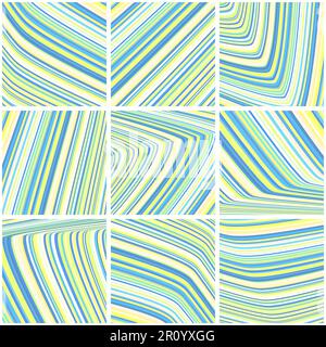 Set aus abstrakten Streifenmustern mit blauen und kanariengelben dünnen Streifen. Grafisches Vektordesign Stock Vektor