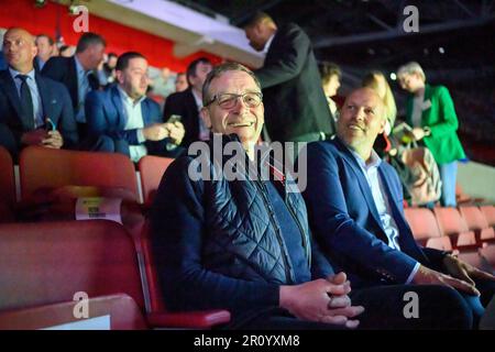 Trainer/Bundestrainer Alfred GISLASON (GER), r. Axel KROMER (DHB, Sportdirektor). Handball, Verlosung für die Europameisterschaft 2024 am 10. Mai 2023 in Düsseldorf. Stockfoto