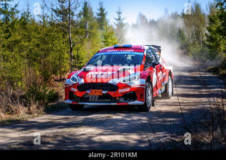 Tingsryd, Schweden, 10. Mai 2023 MRF Tyres Dealer Team und Team GN Motorsport während der Tests vor der FIA European Rally Championship in Polen. Pontus Tideman mit Mitfahrerin Julia Thulin Credit: PEO Mšller/Alamy Live News Stockfoto