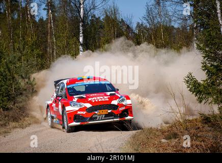 Tingsryd, Schweden, 10. Mai 2023 MRF Tyres Dealer Team und Team GN Motorsport während der Tests vor der FIA European Rally Championship in Polen. Pontus Tideman mit Mitfahrerin Julia Thulin Credit: PEO Mšller/Alamy Live News Stockfoto
