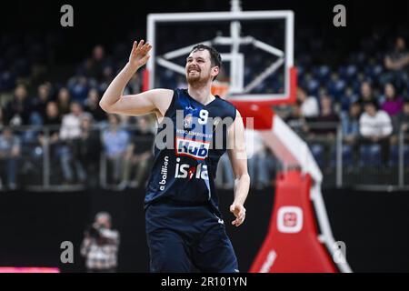 Antwerpen, Belgien. 10. Mai 2023. Jonas Delalieux aus Limburg, das am Mittwoch, den 10. Mai 2023 in Antwerpen bei einem Basketballspiel zwischen den Antwerpen Giants und Limburg United in Antwerpen, dem ersten Spiel im Halbfinale der „BNXT League“-Korbmeisterschaft der belgischen First Division, gespielt wurde. BELGA FOTO TOM GOYVAERTS Kredit: Belga News Agency/Alamy Live News Stockfoto