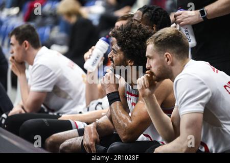 Antwerpen, Belgien. 10. Mai 2023. Antwerpens Jean-Marc Mwema zeigt seine Niederlage bei einem Basketballspiel zwischen den Antwerpen Giants und Limburg United, das am Mittwoch, den 10. Mai 2023 in Antwerpen stattfand, dem ersten Spiel im Halbfinale der belgischen First Division Basketball Championship der BNXT League. BELGA FOTO TOM GOYVAERTS Kredit: Belga News Agency/Alamy Live News Stockfoto