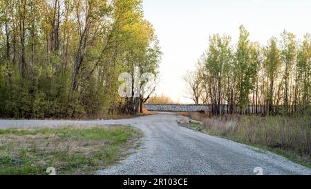 sonnenaufgang über Uferwald und Deich im Tal des Missouri River am Zugang zum Dalton Bottoms River Stockfoto