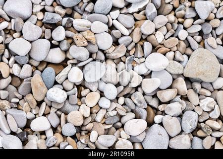 Runde Kieselsteine am Strand. Grauer Steinhintergrund, Seeküste Stockfoto