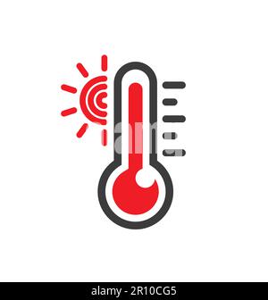 Einfaches klassisches, rotes Thermometer-Temperatursymbol mit Sonneneinstrahlung, kleiner Glasumriss, Silhouettenvektor isoliert auf weißem Hintergrund Stock Vektor