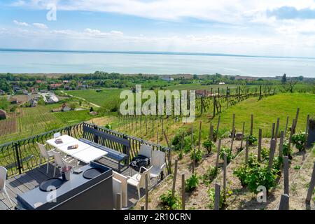 Tisch und Stühle mit wunderschönem Blick auf den Balaton in Badacsony Ungarn. Stockfoto