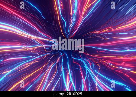 Abstrakte bunte Tentakel-ähnliche Lichtstreifen, die bis in die Mitte reichen. Designelement für Hintergründe von Webdesign und Diashow-Präsentationen Stockfoto