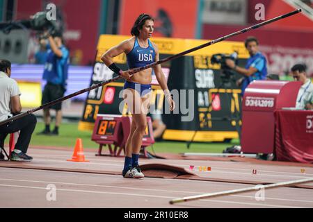 Jennifer SUHR nimmt an der Stabhochschule bei den Athletik-Weltmeisterschaften 2019 in Doha Teil. Stockfoto