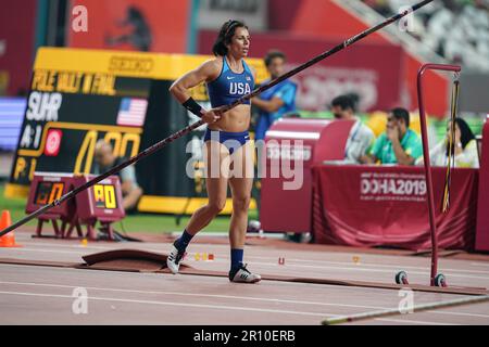 Jennifer SUHR nimmt an der Stabhochschule bei den Athletik-Weltmeisterschaften 2019 in Doha Teil. Stockfoto