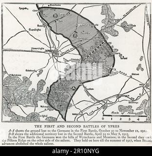 Karte der ersten und zweiten Schlacht von Ypern und Ypern, die im Ersten Weltkrieg besonders hervorstiegen Stockfoto