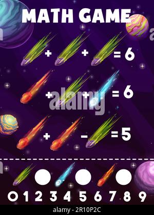 Mathematik-Arbeitsblatt, Cartoon-Weltraumkometen, Asteroiden und Meteoren, Vektorquiz für Kinder. Galaxieplaneten und Fantasy galaktische Asteroiden, mathematisches SpielArbeitsblatt für Zahlenzählung und Rechenunterricht Stock Vektor