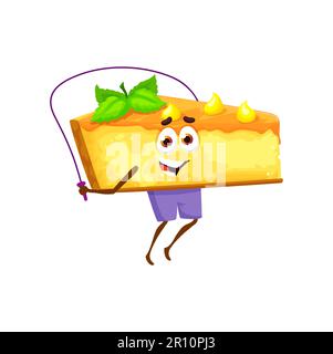 Cartoon-Figur, die Käsekuchen hüpft, mit Seilspringen. Lustige Käsekuchen- oder Cream-Pie-Vektorin, die Cardio-Sport-Übungen macht. Süßes süßes Essen Dessert Emoji, Bäckerei und Gym Emoticon Stock Vektor