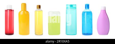 Set mit verschiedenen Shampooflaschen auf weißem Hintergrund. Bannerdesign Stockfoto