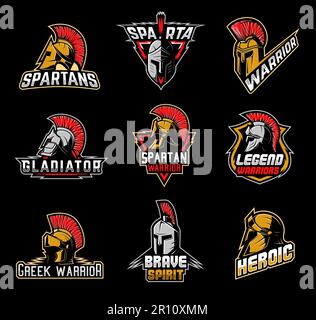 Kämpfer-Maskottchen-Ikonen von Spartan- und Gladiatorensoldaten, Krieger-Ritter-Vektorzeichen. Helmrotes Gefieder aus römischen oder griechischen Wächtern, Trojanischem Spartacus, spartanischem Centurion und Gladiator-Krieger-Abzeichen Stock Vektor