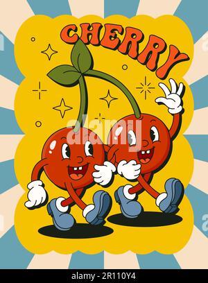 „Cartoon Character Cherry“-Poster Im Retro-Look. Vector Funny Comic Illustration im trendigen Groovy-Stil für T-Shirt-Druck, Wandschmuck, Handyhülle, Notizblock-Cover, Stock Vektor