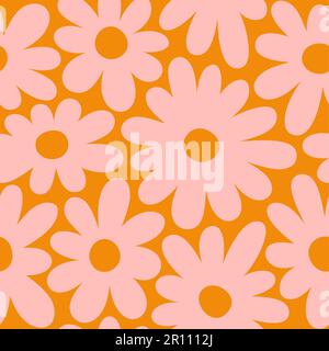 Groovy Gänseblümchen Mit Nahtlosem Muster. Blumenvektorhintergrund im 1970er Hippie Retro-Stil für den Druck auf Textilien, Geschenkpapier, Webdesign Stock Vektor