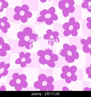 Groovy Checkerboard und Gänseblümchen mit nahtlosem Muster. Blumenvektorhintergrund im 70s Hippie Retro-Stil für den Druck auf Textilien, Geschenkpapier Stock Vektor
